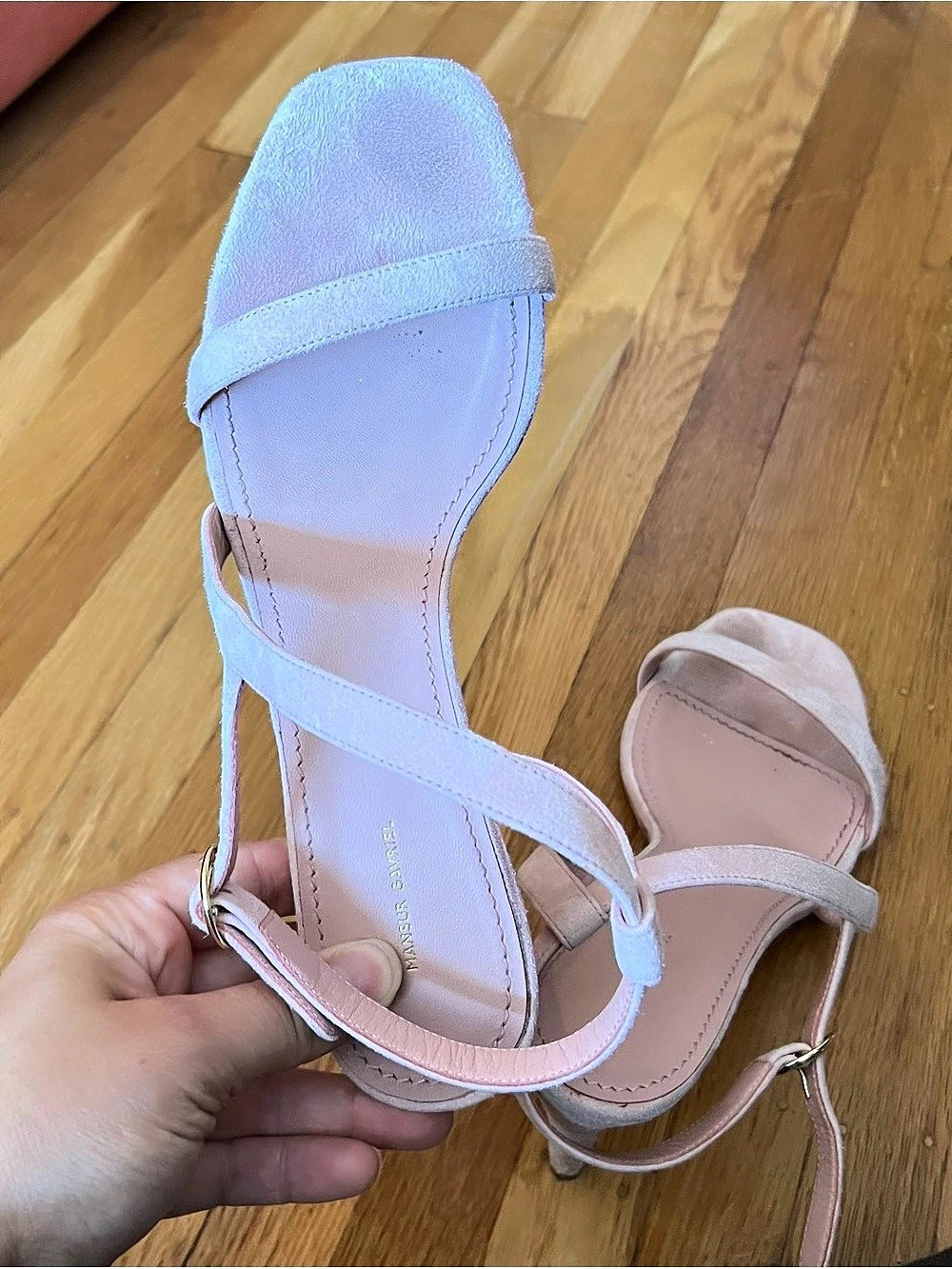 Mansur Gavriel Strappy Suede Heeled Sandals in Pink